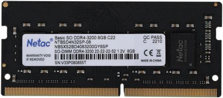 Оперативная память NETAC Basic NTBSD4N32SP-08 DDR4 - 1x 8ГБ 3200МГц, для ноутбуков (SO-DIMM), Ret