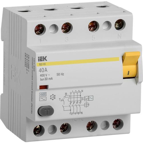 Выключатель дифф. тока (УЗО) IEK ВД1-63 (MDV10-4-040-030) 40A 4П 400В 4 модуля белый (упак.:1шт)