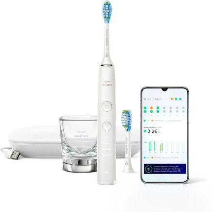 Электрическая зубная щетка Philips Sonicare DiamondClean 9000 HX9913/17, с приложением, насадки для щётки: 2 шт, цвет: белый