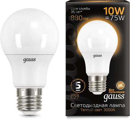 Упаковка ламп LED GAUSS E27,  шар, 10Вт, A60, 10 шт. [102502110]