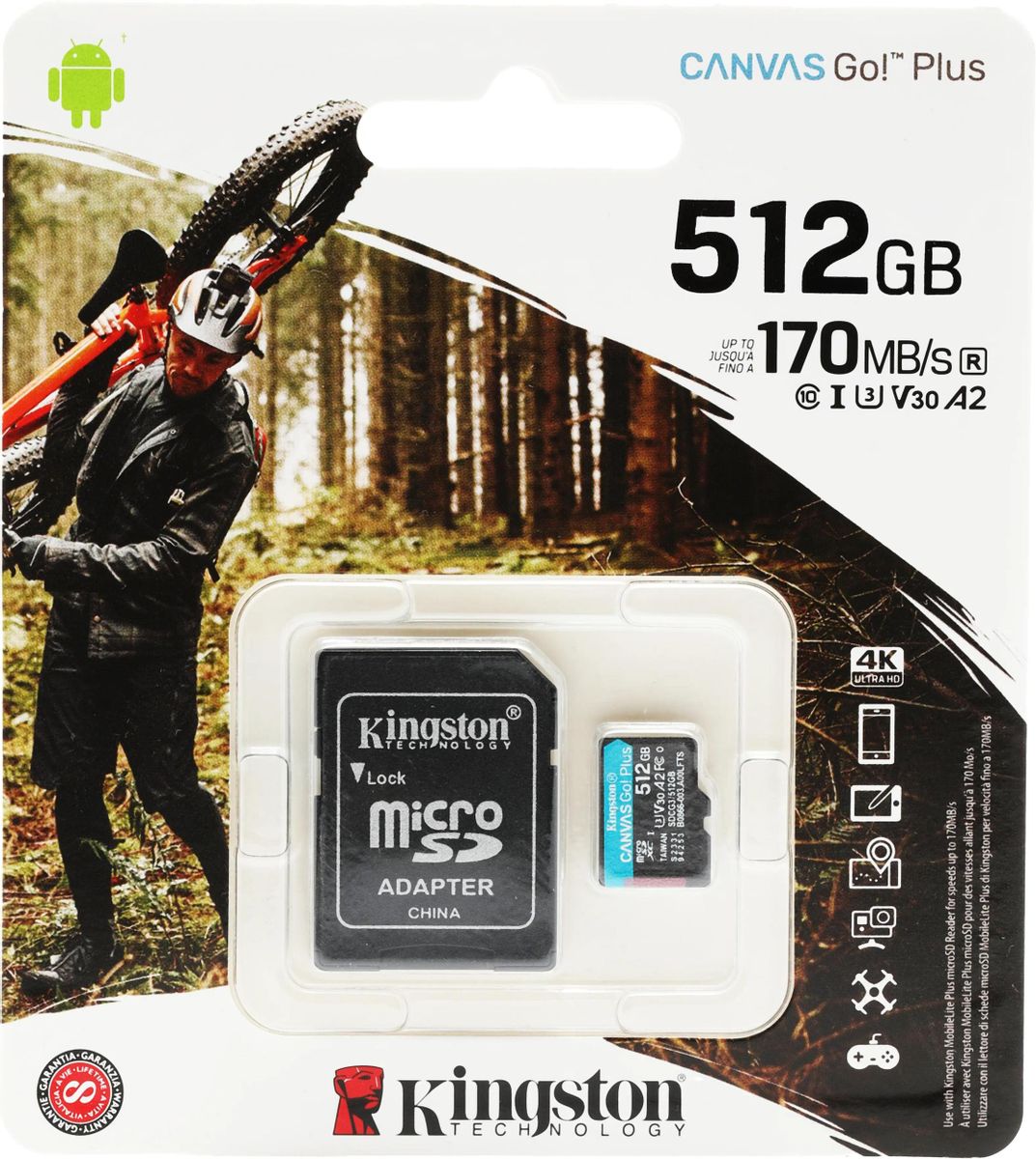 Карта памяти microSDXC UHS-I U3 Kingston Canvas Go! Plus 512 ГБ, 170 МБ/с,  Class 10, SDCG3/512GB, 1 шт., переходник SD – купить в Ситилинк | 1397044