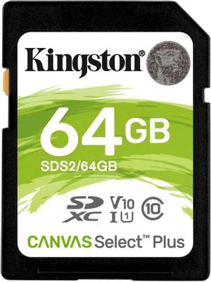 Карта памяти SDXC UHS-I Kingston Canvas Select Plus 64 ГБ, 100 МБ/с, Class 10, SDS2/64GB,  1 шт., без адаптера