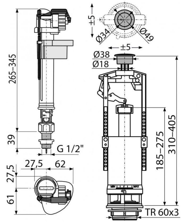 Характеристики Смывное устройство для унитазов ALCAPLAST SA2000S 1/2 ...