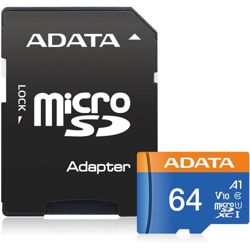 Карта памяти microSDXC UHS-I U1 A-Data Premier 64 ГБ, 85 МБ/с, 10X, Class 10, AUSDX64GUICL10A1-RA1, 1 шт., переходник SD