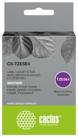 Картридж Cactus CS-TZESE4, TZe-SE4, 18мм, черный шрифт, белый фон, 8м, CS-TZESE4