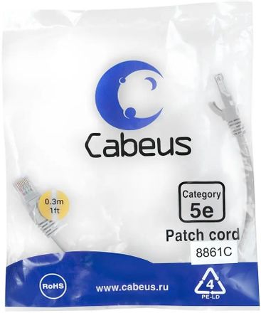 Патч-корд CABEUS вилка RJ-45,  вилка RJ-45,  кат.5E,  LSZH,  0.3м,  серый [pc-utp-rj45-cat.5e-0.3m-lszh]