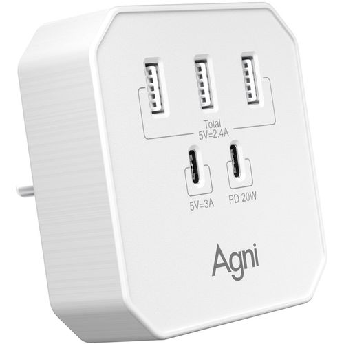 Сетевое зарядное устройство AGNI TP-WB2U3E, 3xUSB-A, 2xUSB-C, 20Вт, 3A, белый [tp-wb2u3e-white]