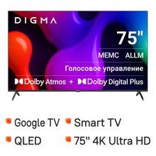 Изображение товара 75" Телевизор Digma DM-LED75UQB31 QLED, 4K Ultra HD, СМАРТ ТВ, Google TV, черный