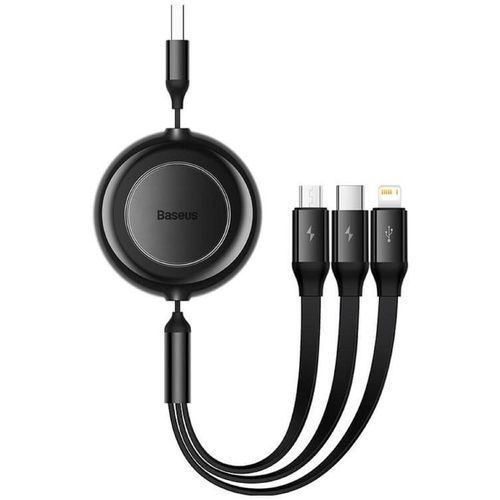 Кабель BASEUS CAMJ010001, Lightning (m)/USB Type-C (m)/micro USB (m) - USB (m), 1.1м, плоский, 3.5A, черный