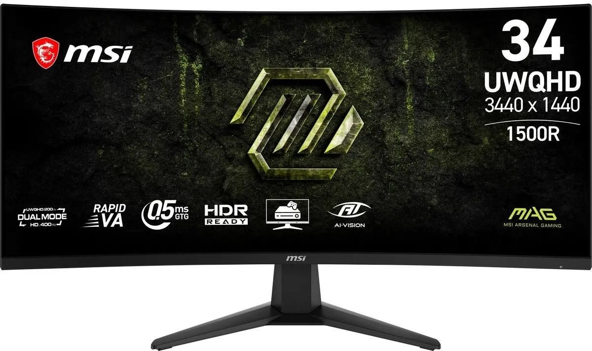 Монитор 34" MSI MAG 346CQDF E20 VA 3440x1440, 200 Гц, 0.5 мс, 21:9, изогнутый, HDMI 2.0b (x2), DisplayPort 1.4a, выход на наушники, Flicker-Free, Low Blue Light, PiP/PbP, ночное видение, прицел, консольный режим, поворот по горизонтали, слот для замка, черный