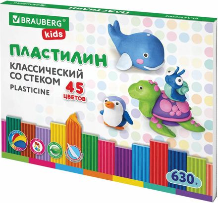 Пластилин BRAUBERG 106680,  классический,  45 цветов,  630грамм,  картонная коробка,  ассорти