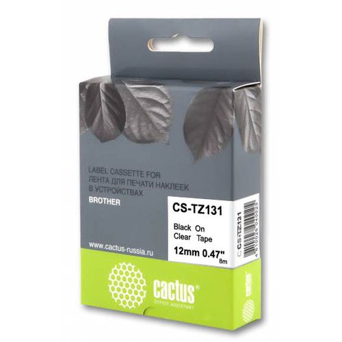 Картридж Cactus CS-TZ131, TZe-131, 12мм, черный шрифт, прозрачный фон, 8м, CS-TZ131
