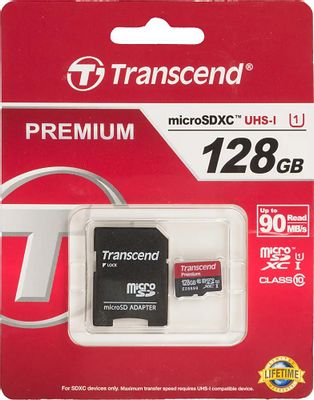 Карта памяти microSDXC UHS-I U1 Transcend Premium 128 ГБ, 60 МБ/с, Class 10, TS128GUSDU1,  1 шт., переходник SD