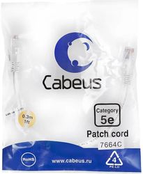 Патч-корд CABEUS PC-UTP-RJ45-Cat.5e-0.3m-WH-LSZH, вилка RJ-45, вилка RJ-45, кат.5E, LSZH, 0.3м, белый