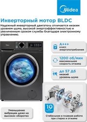 Стиральная машина узкая Midea MF01712BS40/T, 7кг, с паром, инверторная