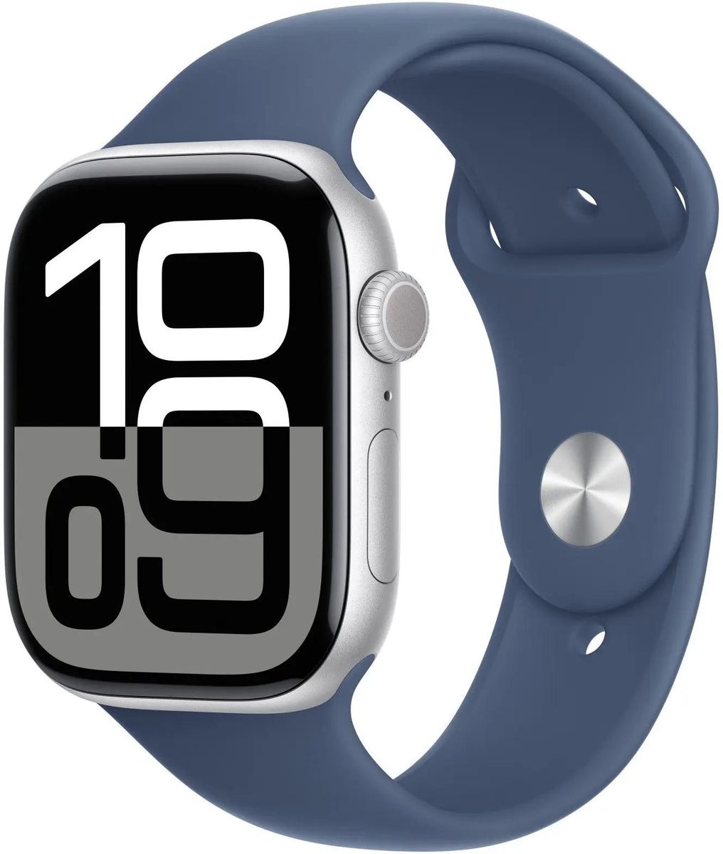 Apple Watch Series 10 46mm Silver Aluminum Case with Denim Sport Band M L