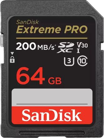 Карта памяти SDXC UHS-I U3 Sandisk Extreme Pro 64 ГБ, 200 МБ/с, Class 10, SDSDXXU-064G-GN4IN, 1 шт., без адаптера