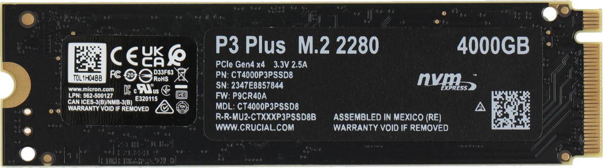 4ТБ SSD накопитель Crucial P3 Plus CT4000P3PSSD8 M.2 2280, PCIe