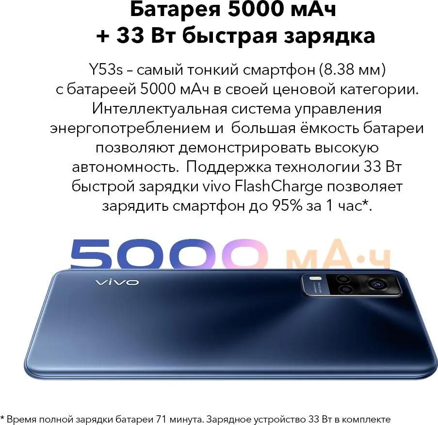 Характеристики Смартфон vivo Y53s 6/128Gb, глубокое море (1613227) смотреть  в СИТИЛИНК