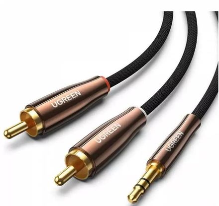 Кабель UGREEN AV170,  Jack 3.5 (m) (прямой) -  2xRCA (f) (прямой),  GOLD ,  ферритовый фильтр ,  круглое,  1м,  черный [80845]