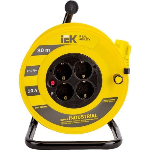 Удлинитель силовой IEK Industrial, розеток 4шт, 1 кв.мм, 10A, 30м, ПВС, катушка, желтый [wkp14-10-04-30]