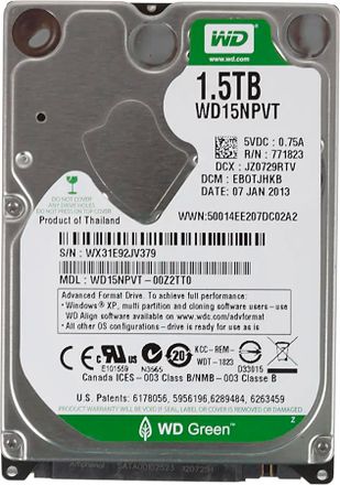 Жесткий диск WD Green WD15NPVT,  1.5ТБ,  HDD,  SATA II,  2.5"