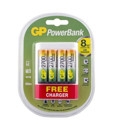 AA Аккумуляторная батарейка + Зарядное устройство GP PowerBank U411270AAHCF, 4 шт. 2700мAч