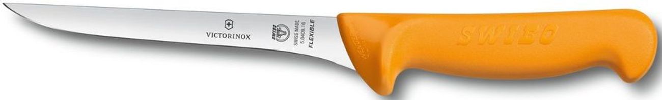 Нож кухонный Victorinox Swibo, обвалочный, для мяса, 130мм, заточка прямая, стальной, оранжевый [5.8409.13]