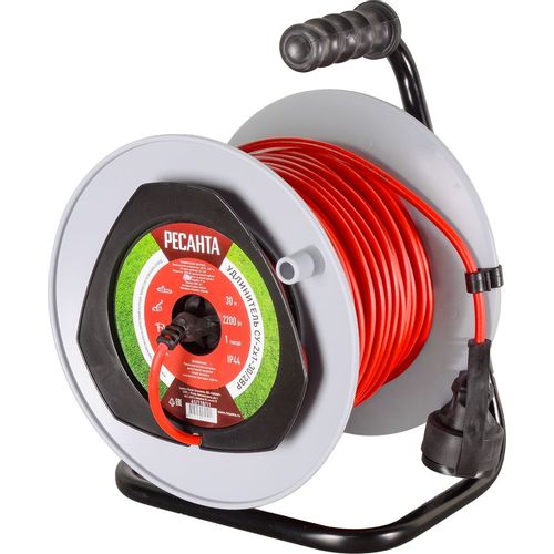 Удлинитель силовой Ресанта СУ-2х1-30/2ВР, розеток 1шт, 2×1.0 кв.мм, 30м, ПВС, катушка, красный [61/118/11]