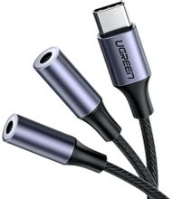 Изображение товара Кабель-переходник акустический UGREEN AV144,  2xJack 3.5 (f) -  USB Type-C (f),  0.2м, серебристый [30732]