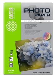 Фотобумага Cactus CS-MA418050, A4, для струйной печати, 50л, 180г/м2, белый, покрытие матовое