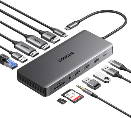 Порт-репликатор UGREEN CM681,  USB Type-C,  2хHDMI,  1хDP,  1хRJ-45,  2хUSB Type-C,  2хUSB 3.1,  2хUSB 3.0,  1х3,5Audio,  серый [15978]
