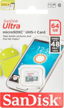 Карта памяти microSDXC UHS-I Sandisk Ultra 64 ГБ, 48 МБ/с, 320X, Class 10, SDSQUNB-064G-GN3MN, 1 шт., без адаптера