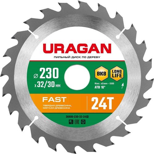 Пильный диск URAGAN 36800-230-32-24_z01, 230мм, 30мм, по дереву