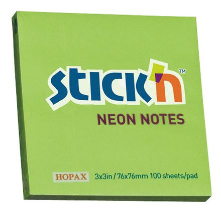 Блок самоклеящийся бумажный STICK`N 21167, 76x76, 100 л, неон, зеленый
