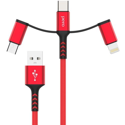 Кабель PERO DC-06, Lightning (m)/USB Type-C (m)/micro USB (m) — USB (m), 1м, 3A, красный [prdc-06u1mr]
