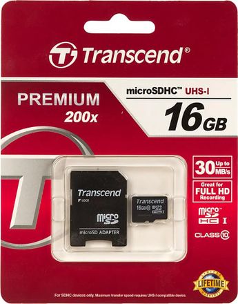 Карта памяти microSDHC UHS-I Transcend 16 ГБ, 30 МБ/с, 200X, Class 10, TS16GUSDHC10, 1 шт., переходник SD