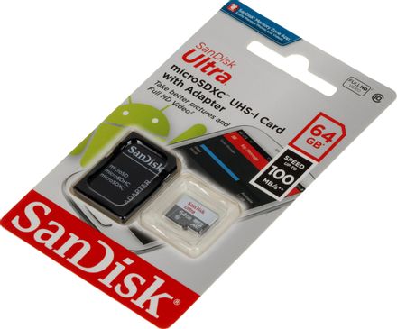 Карта памяти microSDXC UHS-I Sandisk Ultra 64 ГБ, 100 МБ/с, Class 10, SDSQUNR-064G-GN3MA, 1 шт., переходник SD