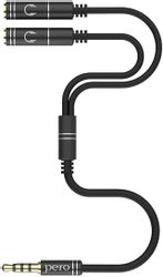 Переходник PERO AD-07, Jack 3.5 (m) - 2хJack 3.5 (f), 0.34м, черный