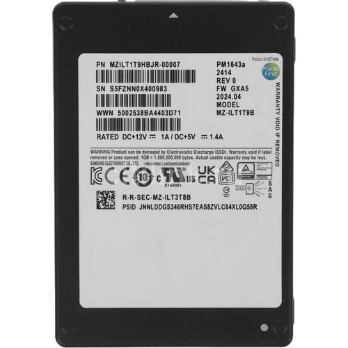 1.9ТБ Серверный SSD накопитель Samsung MZILT1T9HBJR-00007 SAS 3.0, 2.5", TLC, TBW - 3504ТБ, DWPD - 1