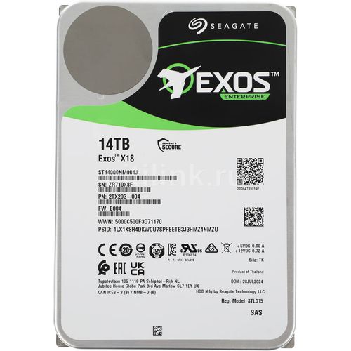 Жесткий диск Seagate Exos X18 ST14000NM004J, 14ТБ, HDD, SAS 3.0, 3.5″, 7200об/мин