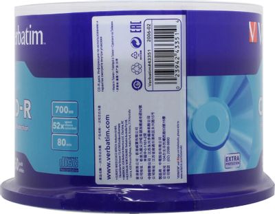 Оптический диск CD-R Verbatim 700МБ 52x, 50шт., cake box [43351