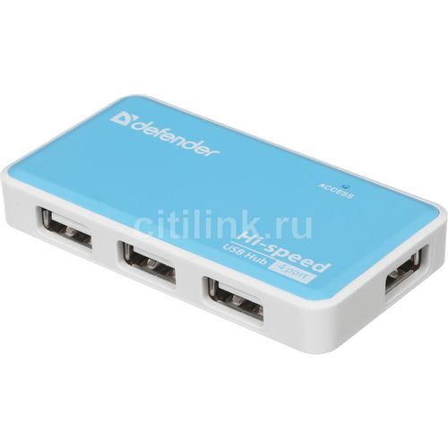 Хаб (разветвитель) Defender Quadro Power, голубой [83503]