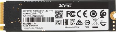 SSD накопитель A-Data XPG SX6000 Lite ASX6000LNP-1TT-C 1ТБ, M.2 2280, PCIe 3.0 x4,  NVMe,  M.2