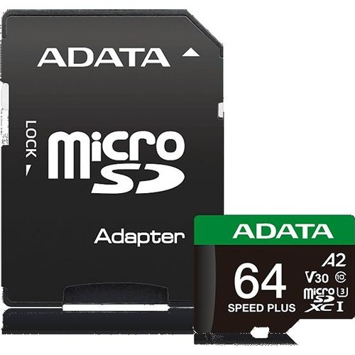 Карта памяти microSDXC UHS-I U3 A-Data Speed Plus 64 ГБ, 160 МБ/с, Class 10, UD64GUI3V30A2SP-RA1, 1 шт., переходник SD
