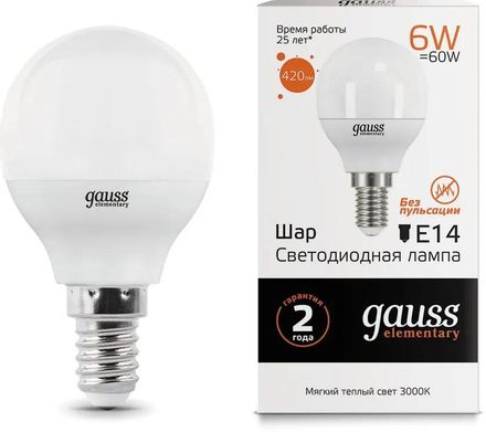 Лампа LED GAUSS E14,  шар, 6Вт, одна шт. [53116]