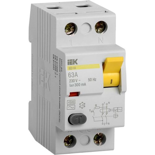 Выключатель дифф. тока (УЗО) IEK ВД1-63 (MDV10-2-063-300) 63A 2П 230В 2 модуля белый (упак.:1шт)