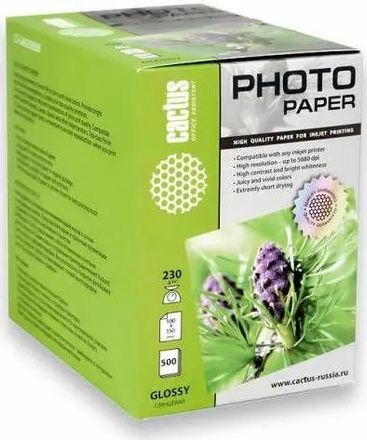 Фотобумага Cactus CS-GA6230500, для струйной печати, 500л, 230г/м2, белый, покрытие глянцевое