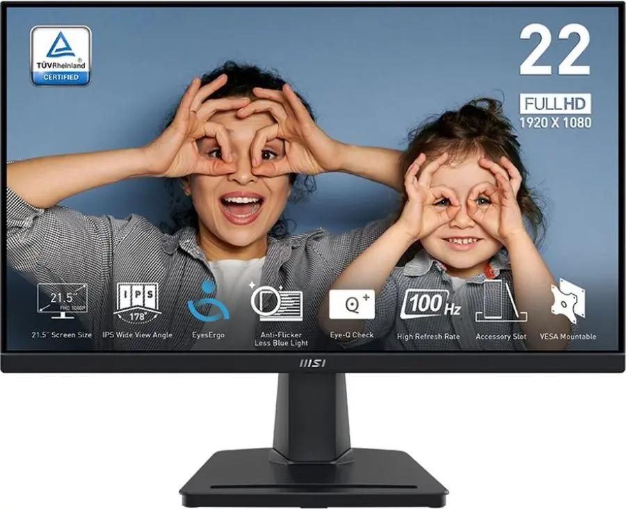 Монитор 21.5" MSI PRO MP225 IPS 1920x1080, 100 Гц, 1 мс (MPRT), 16:9, 250 кд/м², HDMI, VGA, выход на наушники, Flicker Free, Adaptive-Sync, наклон экрана, черный