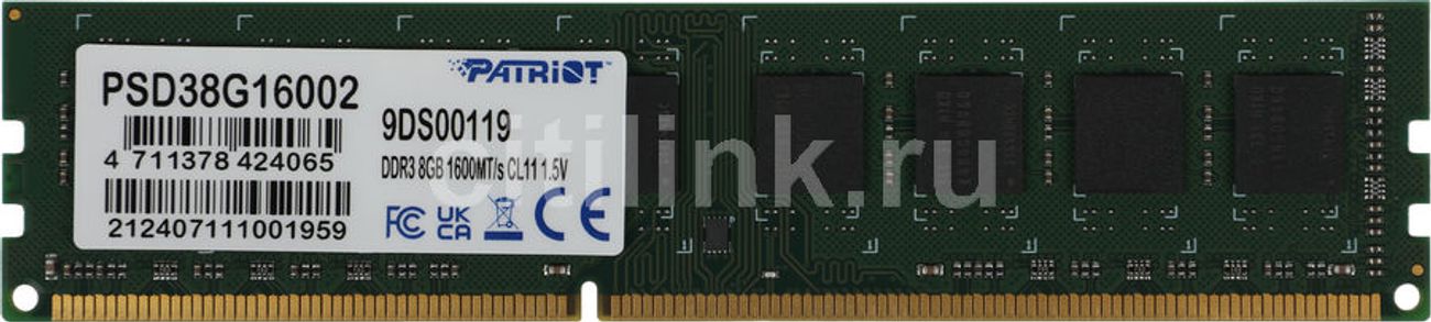 Оперативная память Patriot Signature Line PSD38G16002 DDR3 -  1x 8ГБ 1600МГц, DIMM,  Ret